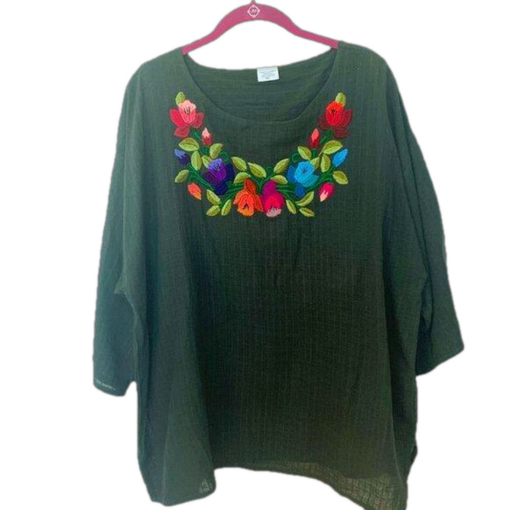 Green embroidered Tunic Top SZ XXL Cotton Made in Guatemala -r Curtis Porter NEW